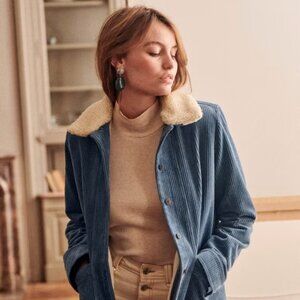 SEZANE Corduroy Will Jacket Fur Collar Small Blue Corduroy